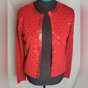 Vintage Paul Harris Design Button Down Red Jeweled Cardigan, Size‎ Medium